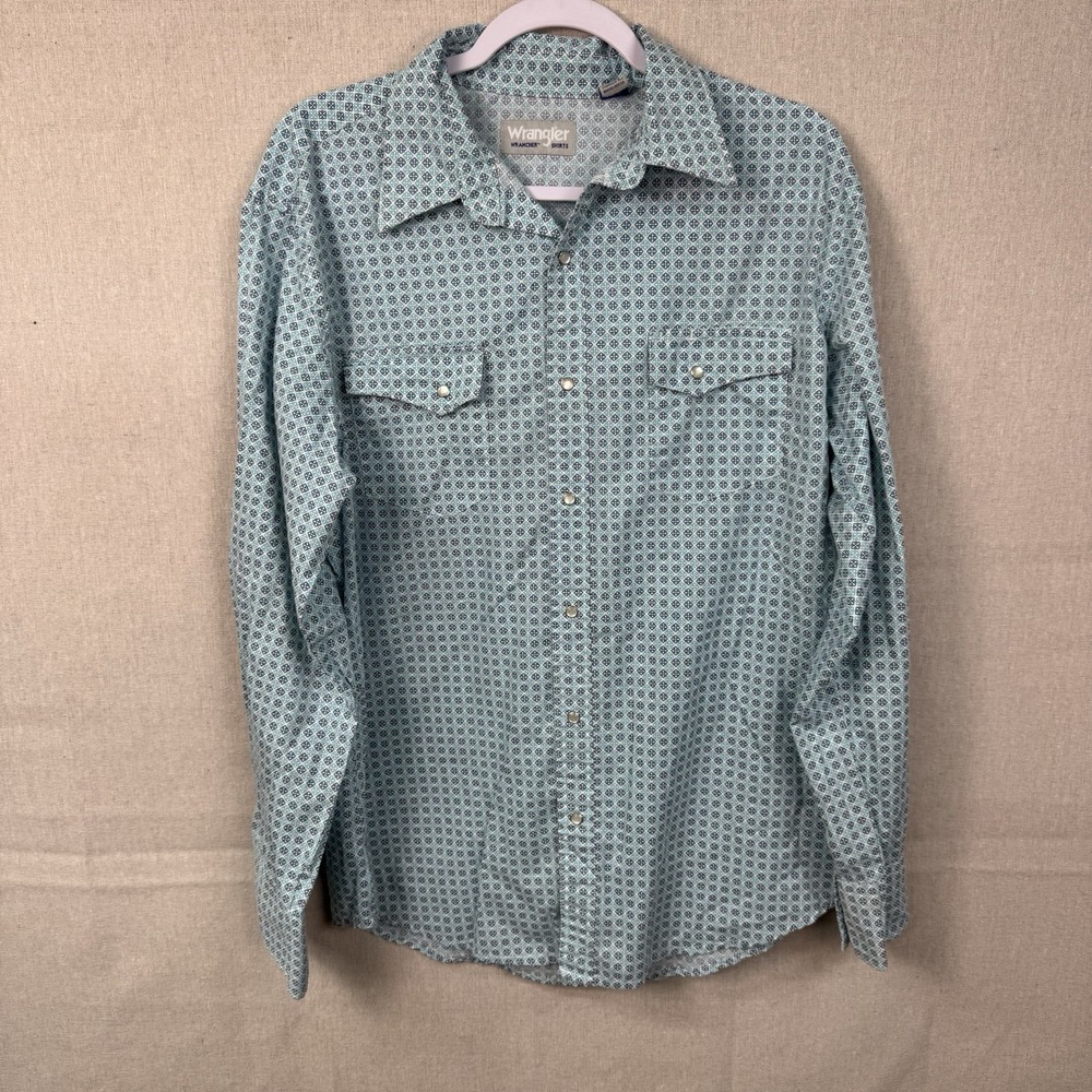 WRANGLER WRANCHER SHIRT AQUA BLUE GEOMETRIC PEARL SNAP MENS Large (B4)
